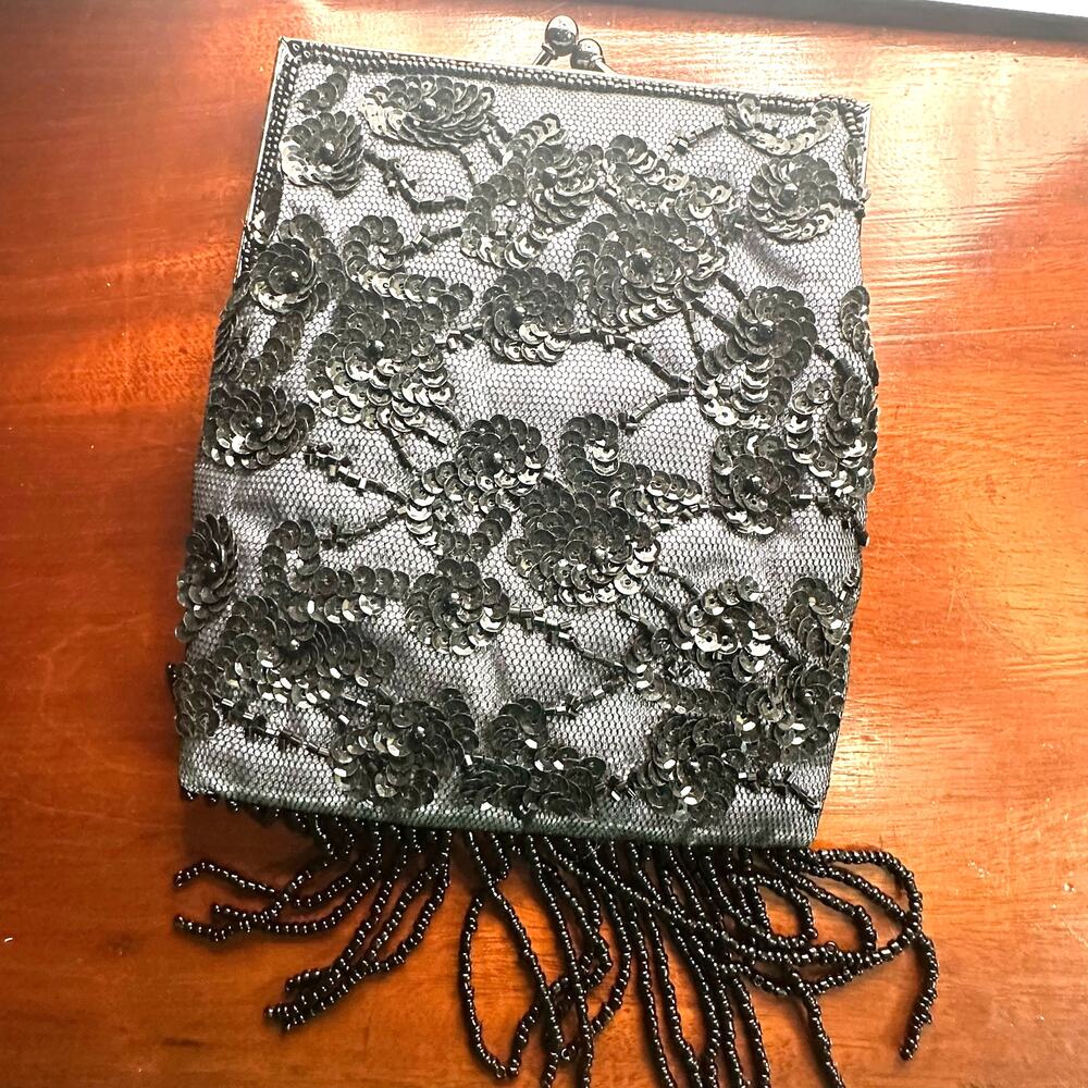 Lancome Black Gray Beraded Sequin Firnge Mini Evening Formal Bag Purse